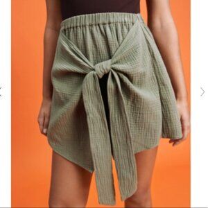 Zara Wrap Tie Mini Skirt Elastic Waist Large Army Green Linen Like Knot Side